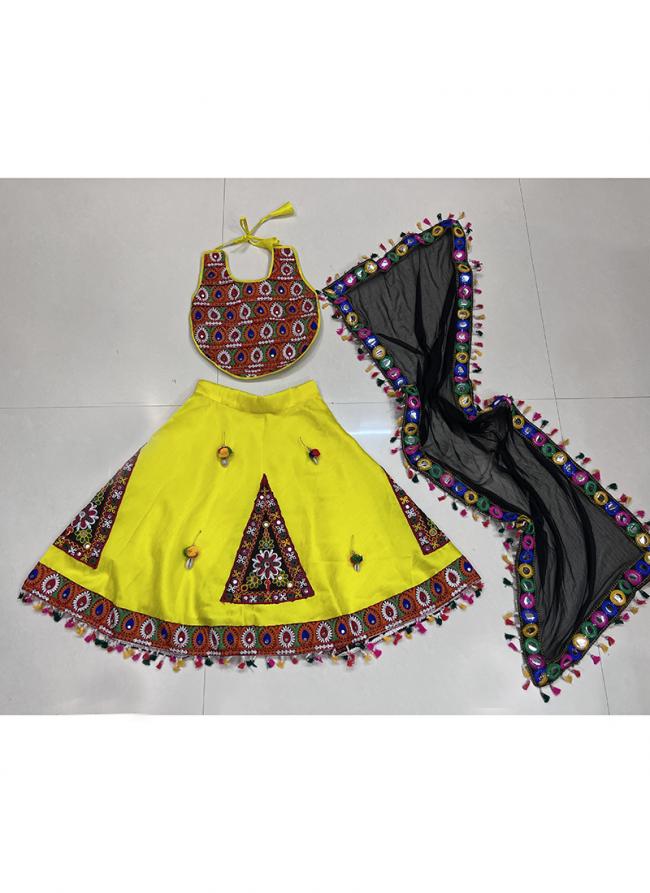 Art Silk Lemon Yellow Navratri Wear Kutchi Work Readymade Kids Lehenga Choli